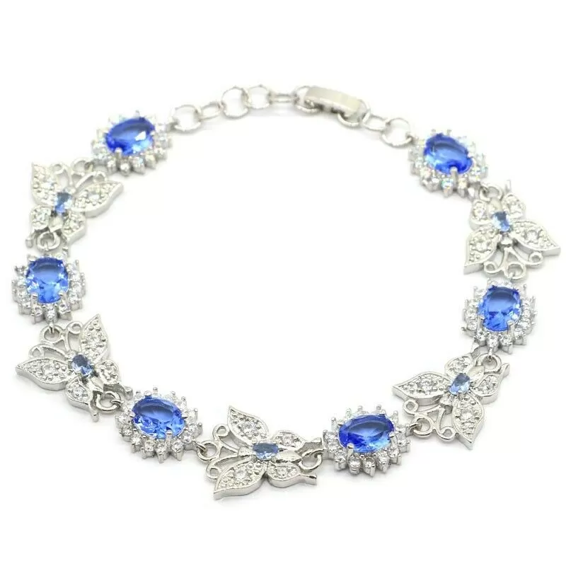 18k White Gold Plated Created Tanzanite Butterfly Shape Tennis Bracelet