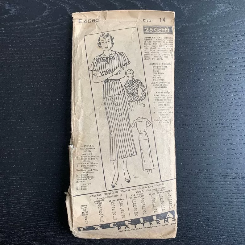 1930s Womens Dress Sewing Pattern Excella E4560, Complete Bust 32