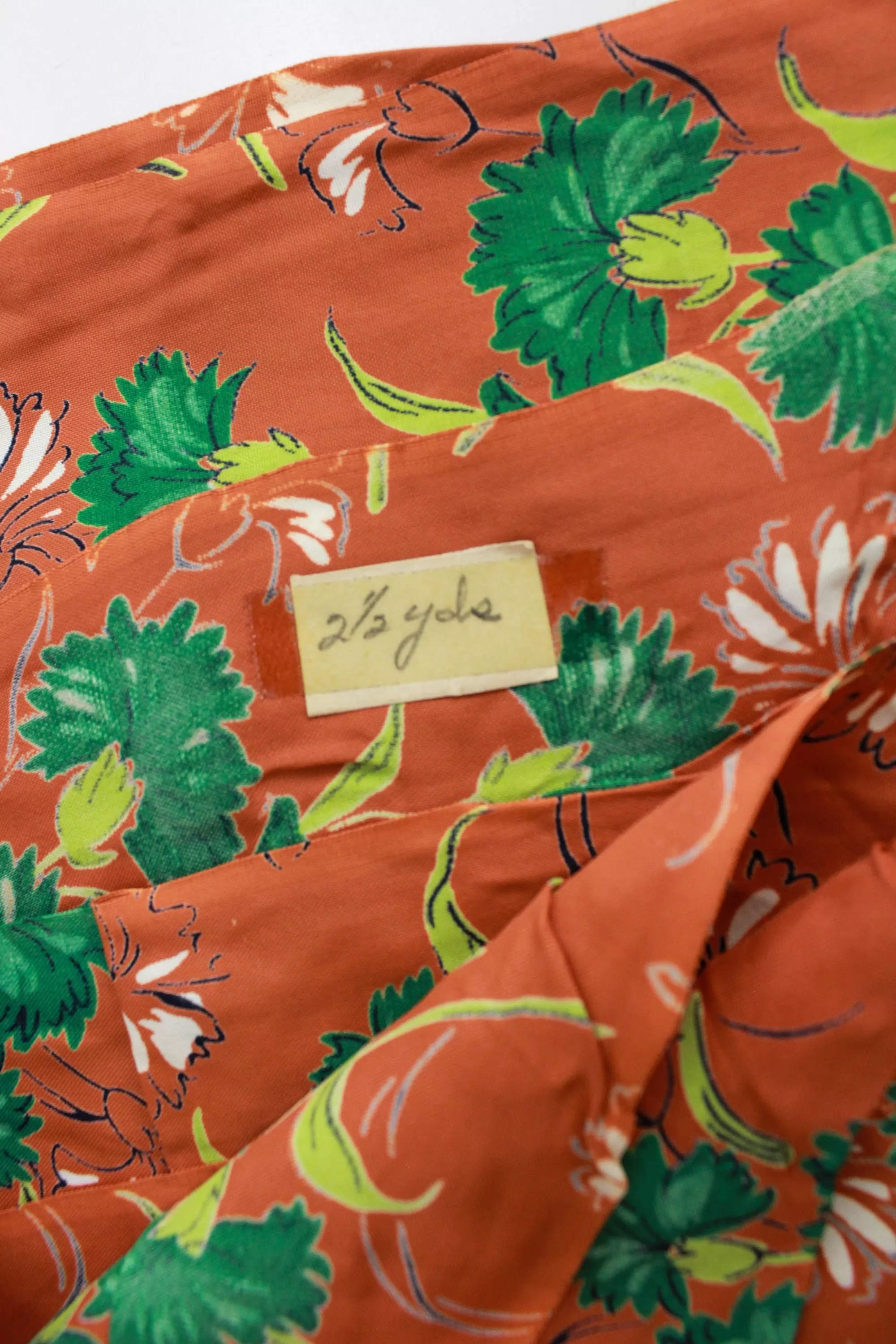 1940s Rust and Green Floral Print Rayon Fabric, 2.5 Yards