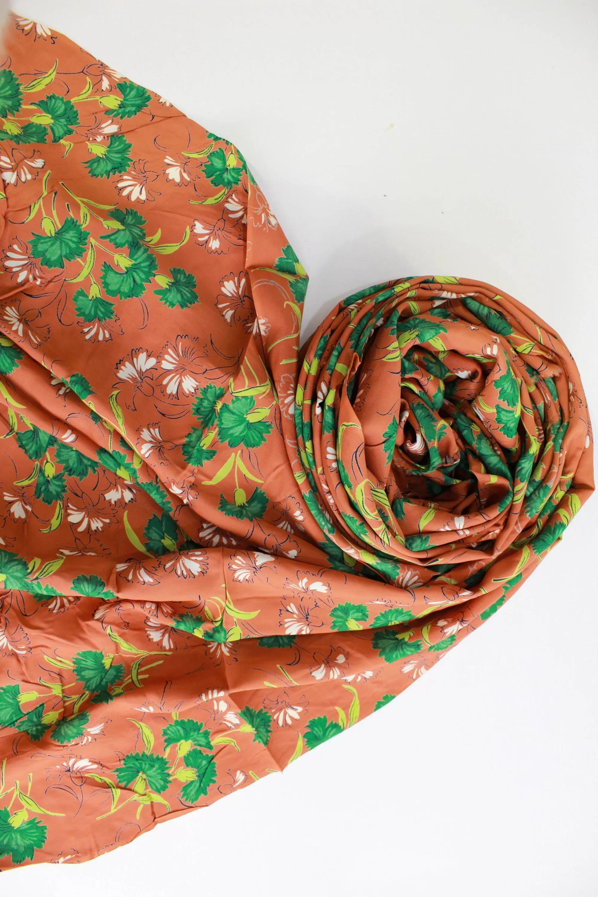 1940s Rust and Green Floral Print Rayon Fabric, 2.5 Yards