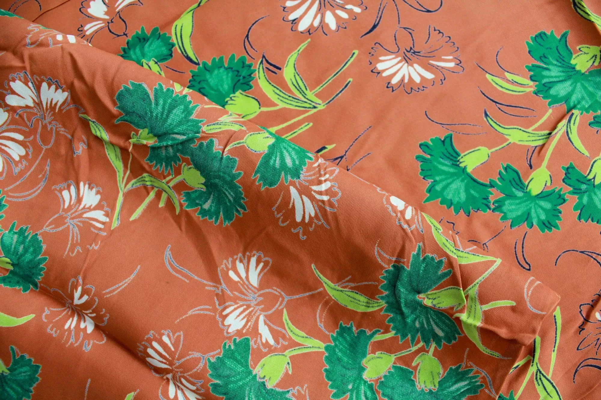 1940s Rust and Green Floral Print Rayon Fabric, 2.5 Yards