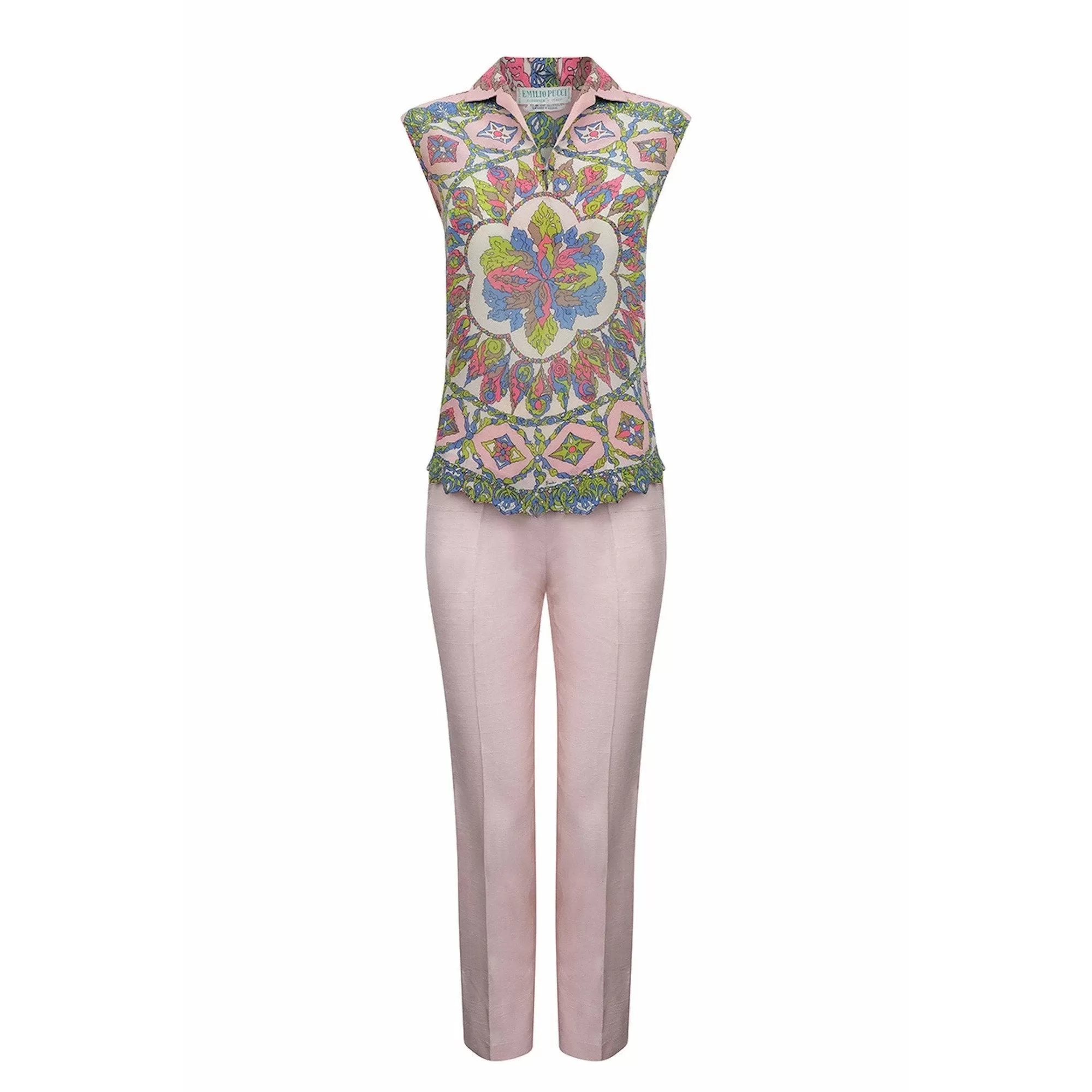 1960s Pucci Silk Pale Pink Trouser Set With Vibrant Rosette Print