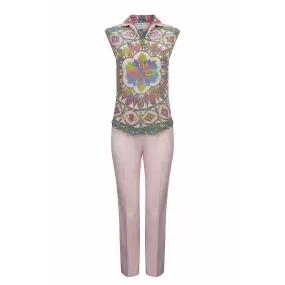 1960s Pucci Silk Pale Pink Trouser Set With Vibrant Rosette Print