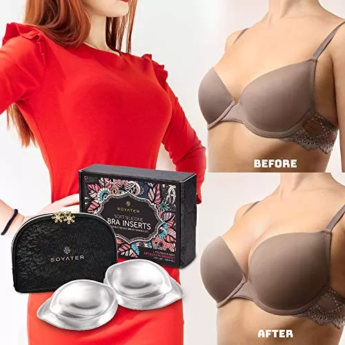 2 Pairs Bra Pads/Inserts, Clear Silicone Gel Breast Enhancement Pads, Sexy Push Up, Cleavage & Volume, Sizes M & L for Bra Cups A to D, in Black Lace Zippered Storage Bag