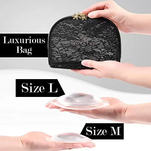 2 Pairs Bra Pads/Inserts, Clear Silicone Gel Breast Enhancement Pads, Sexy Push Up, Cleavage & Volume, Sizes M & L for Bra Cups A to D, in Black Lace Zippered Storage Bag