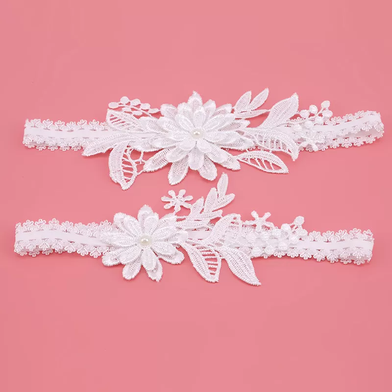 2Pcs Wedding Garter Navy White Embroidery Floral Sexy Garters Women/Female/Bride Thigh Ring Bridal L