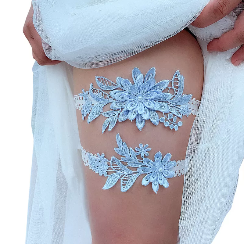 2Pcs Wedding Garter Navy White Embroidery Floral Sexy Garters Women/Female/Bride Thigh Ring Bridal L