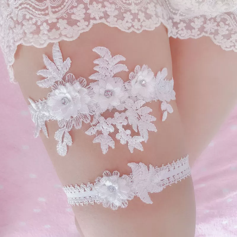 2Pcs Wedding Garter Navy White Embroidery Floral Sexy Garters Women/Female/Bride Thigh Ring Bridal L