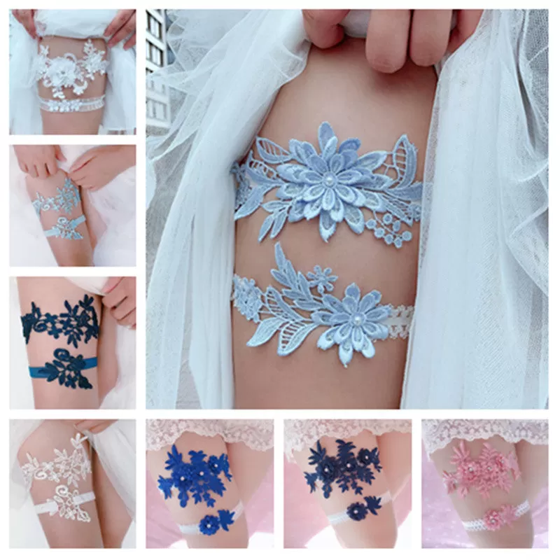 2Pcs Wedding Garter Navy White Embroidery Floral Sexy Garters Women/Female/Bride Thigh Ring Bridal L