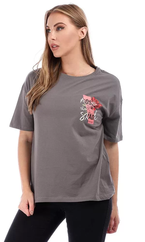 94872 Loose Printed Half Sleeves Waist-Length T-Shirt - Grey