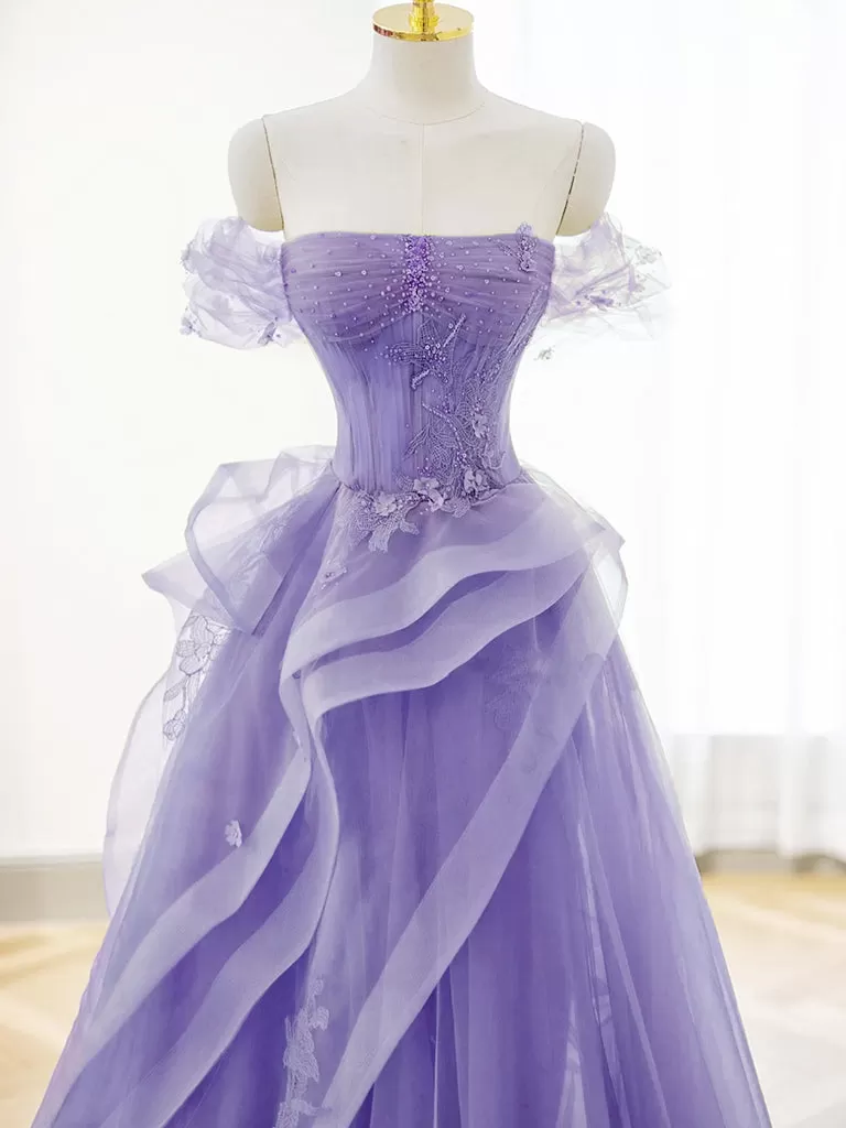 A-Line Off Shoulder Tulle Lace Purple Long Prom Dress, Purple Lace Long Formal Dress