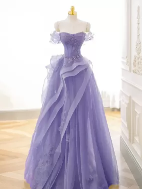 A-Line Off Shoulder Tulle Lace Purple Long Prom Dress, Purple Lace Long Formal Dress