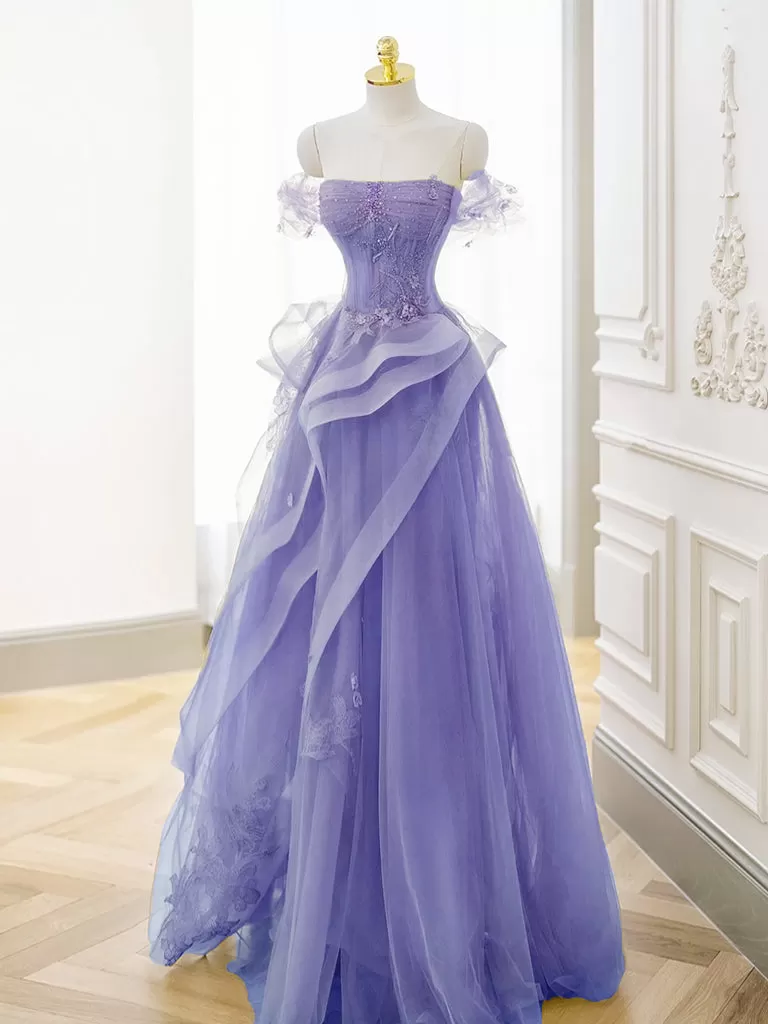 A-Line Off Shoulder Tulle Lace Purple Long Prom Dress, Purple Lace Long Formal Dress