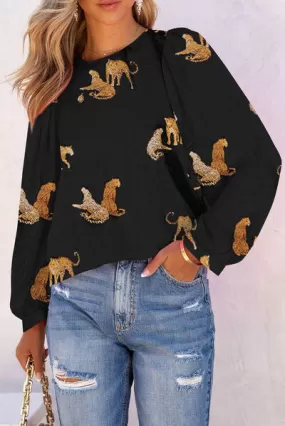 Animal Pattern Round Neck Long Sleeve Blouse