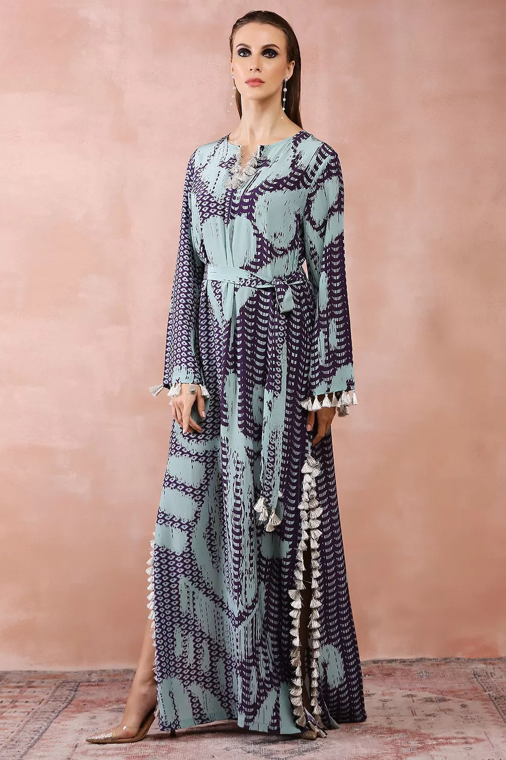 Aqua & Purple Uzbek Print Kaftan With Belt