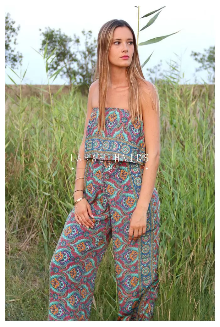 Bandeau Jumpsuit in Oyster Blue Print