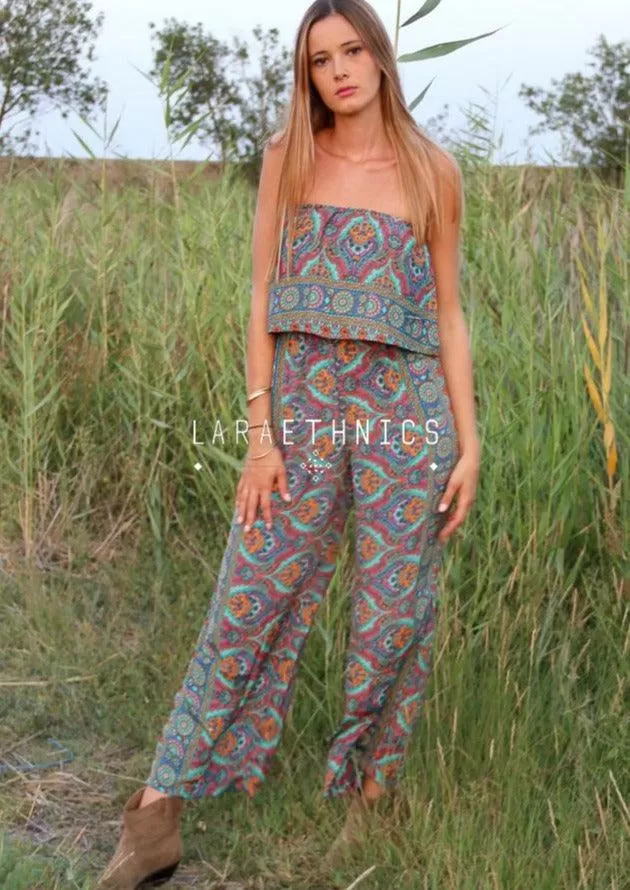 Bandeau Jumpsuit in Oyster Blue Print