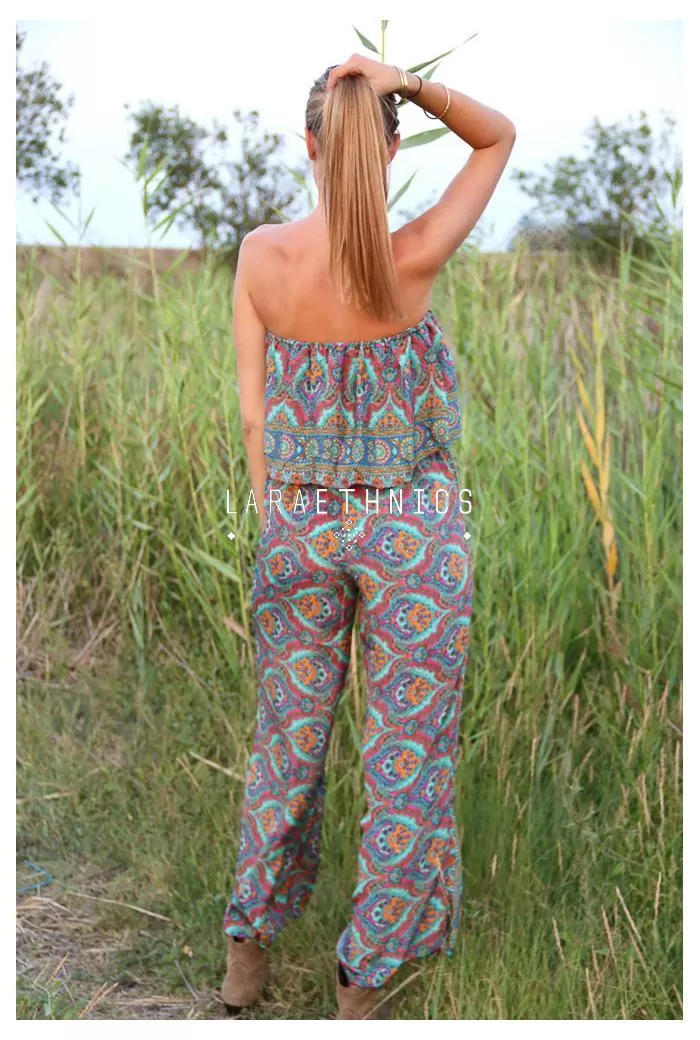 Bandeau Jumpsuit in Oyster Blue Print