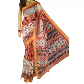 Bangalore Silk Saree with geometric block print - Orange