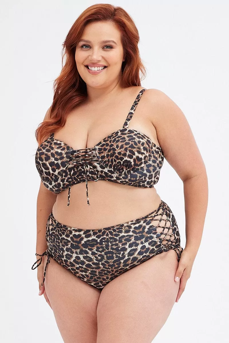 Beige Animal Print Tie Front Bikini Set