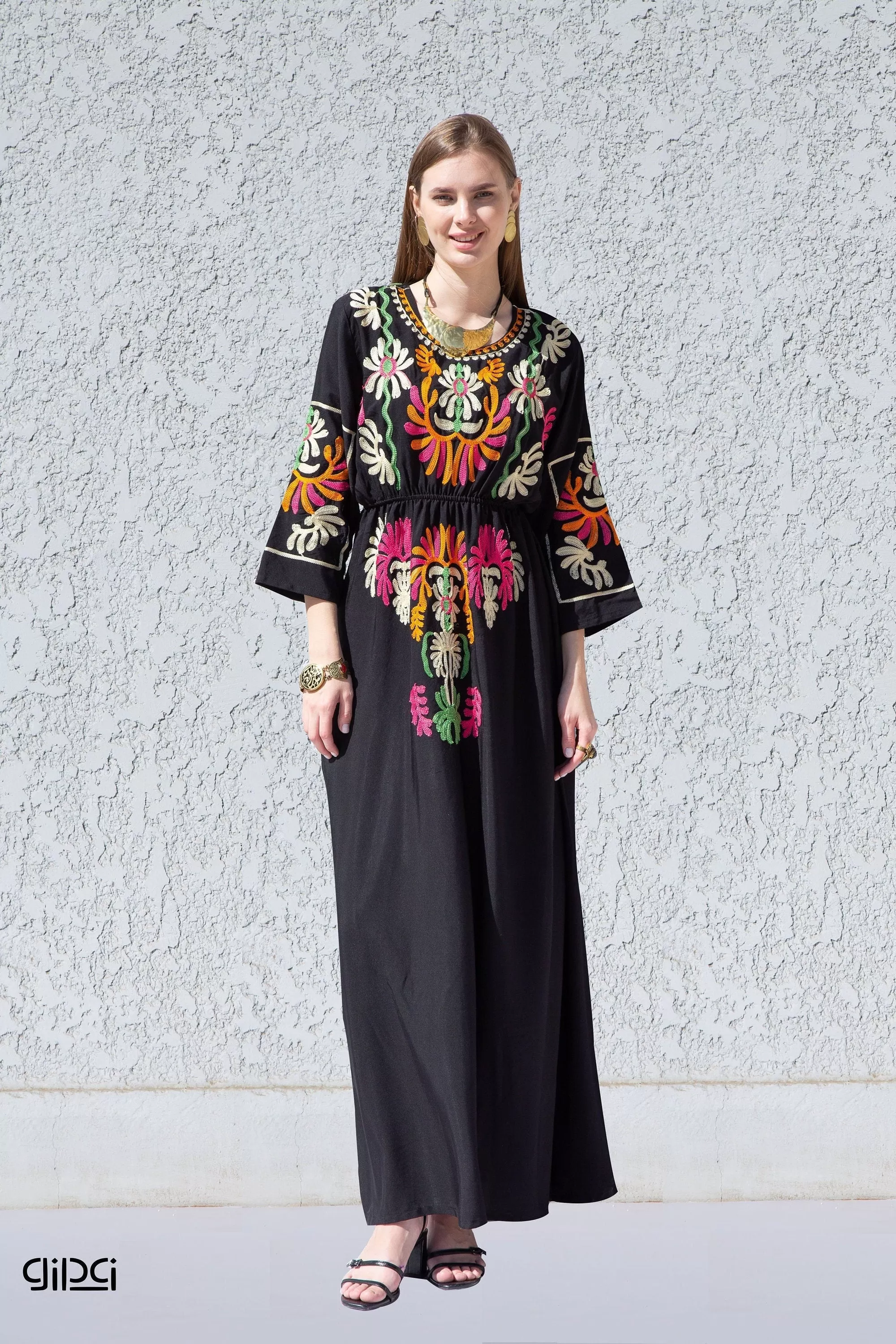 Black colorful embroidered cotton Caftan, caftan Kaftan maxi dress, embroidered Caftan dress, Caftan maxi dress, Caftans for women, Caftans