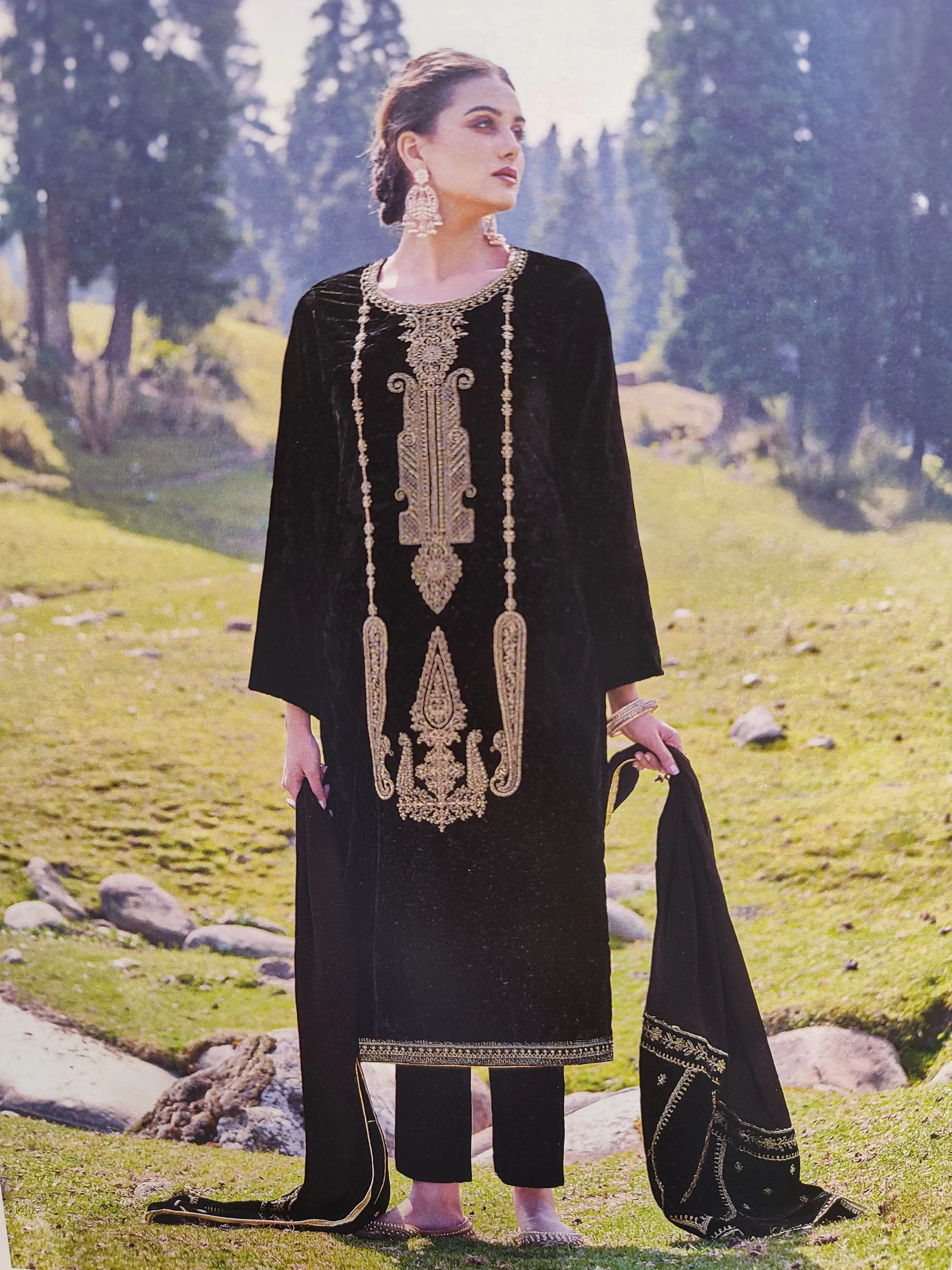 Black Velvet Unstitched Suit With Golden Embroidery