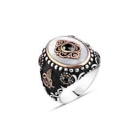 Black Zircon Eye Figure on Mother of Pearl Stone Ellipse Silver Men's Ring Siding Ottoman Tughra and Zircon Stones