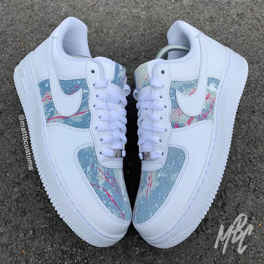 Blue Acid Wash Paint Splat Denim - Air Force 1 Custom