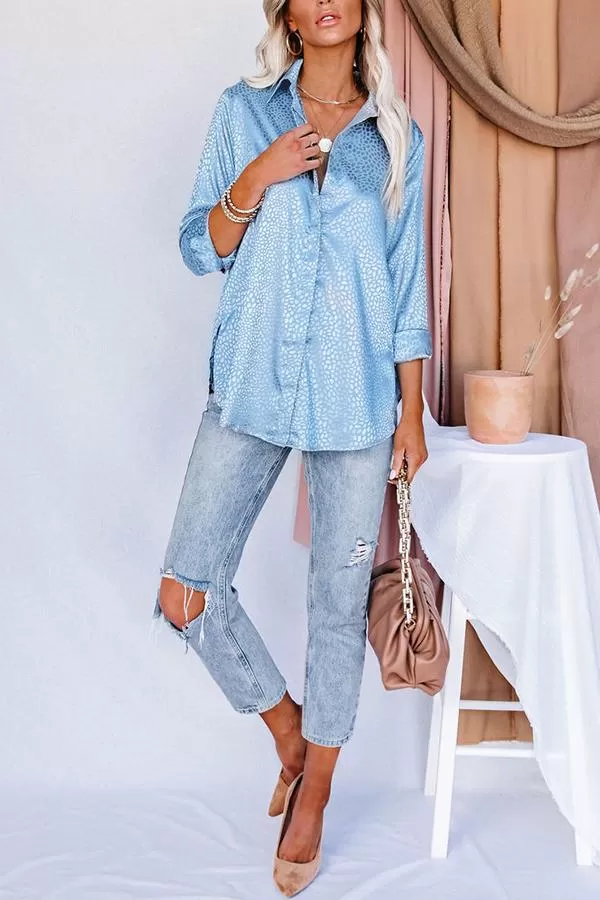 Blue Moon Satin Embossed Button Down Blouse