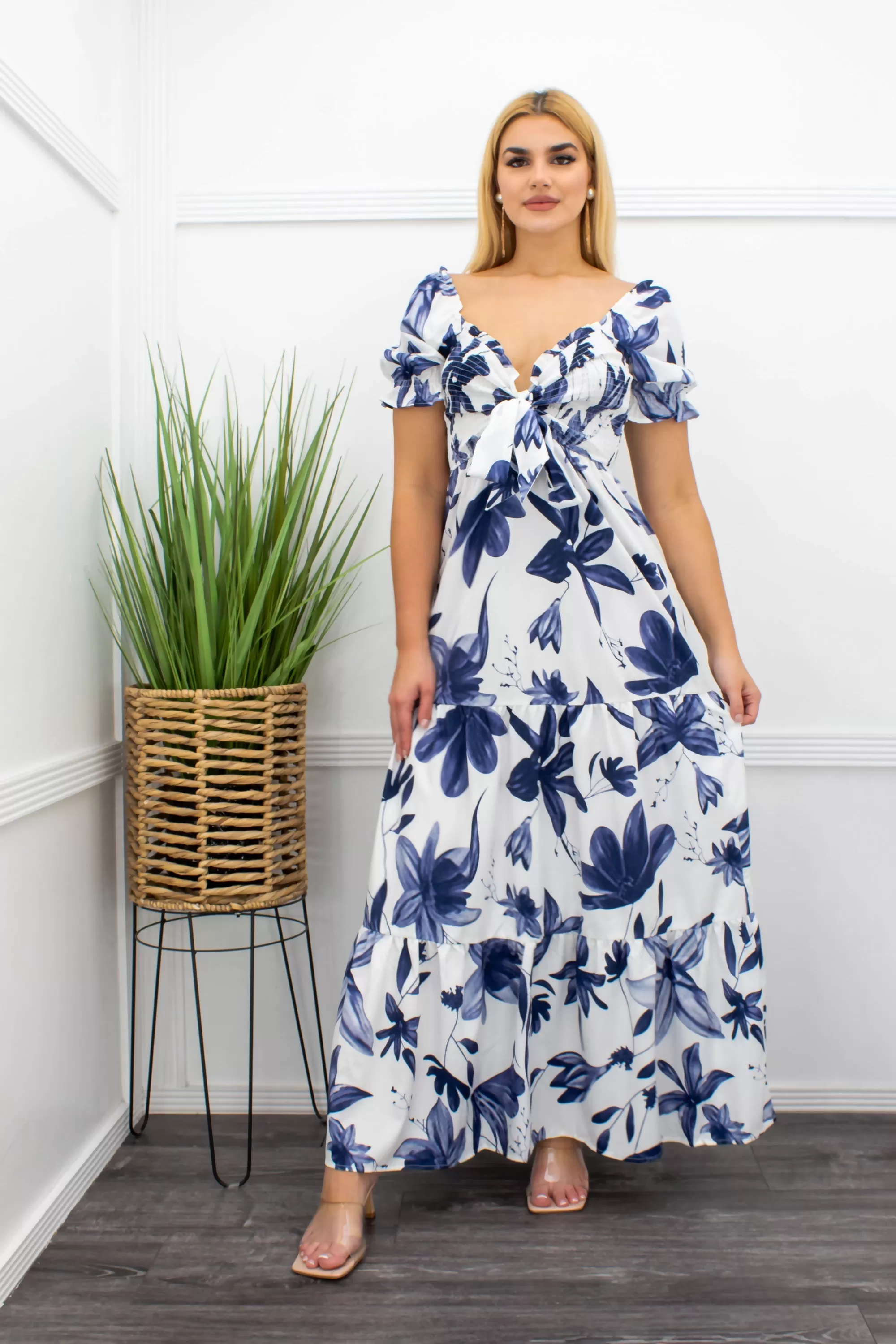 Blue Off Shoulder Ruffled Maxi Dress