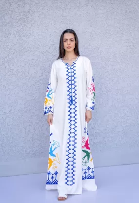 Boho White birds embroidered Caftan, cotton caftans for women, embroidered Caftan dress, Caftan maxi dress, Caftans for women, Caftans