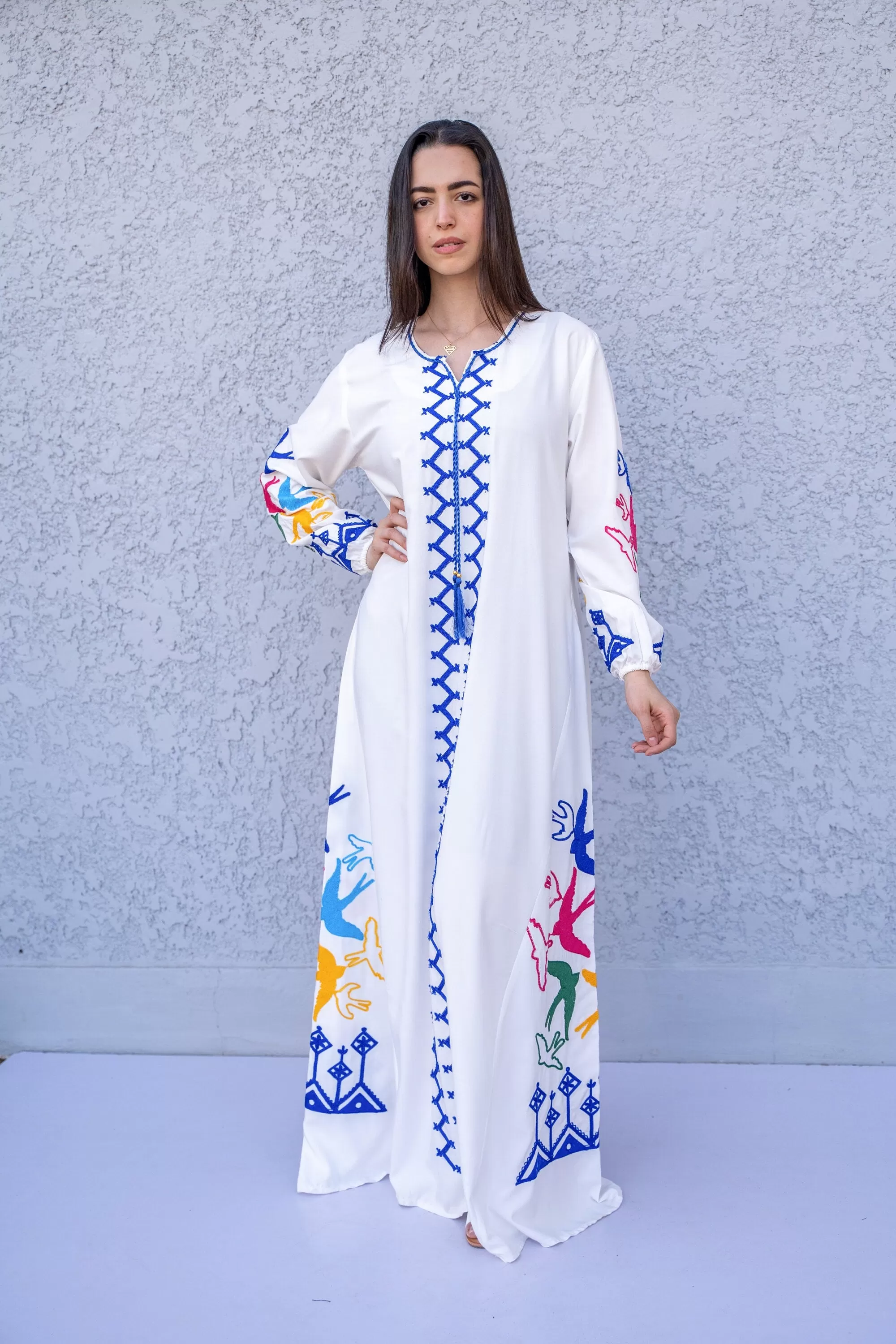 Boho White birds embroidered Caftan, cotton caftans for women, embroidered Caftan dress, Caftan maxi dress, Caftans for women, Caftans