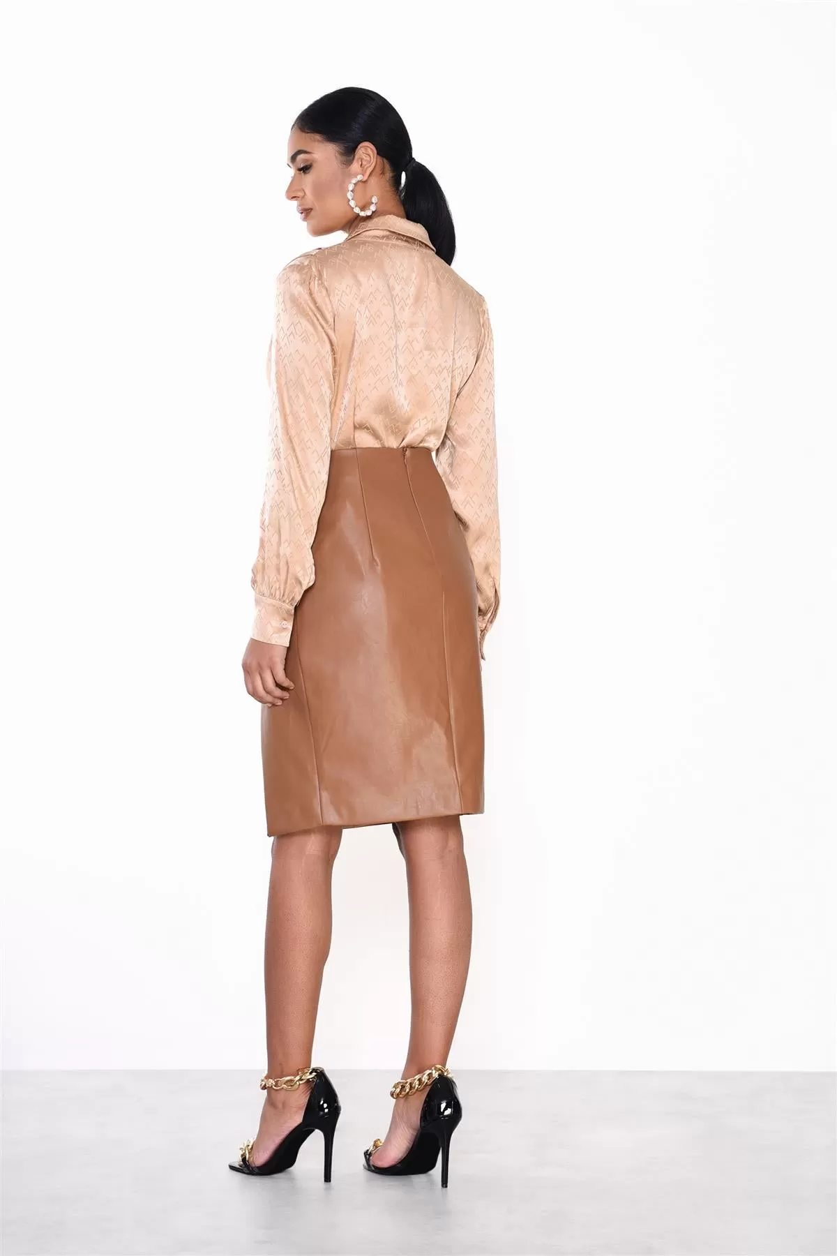 Brown-Pu Side-Split Midi-Skirt