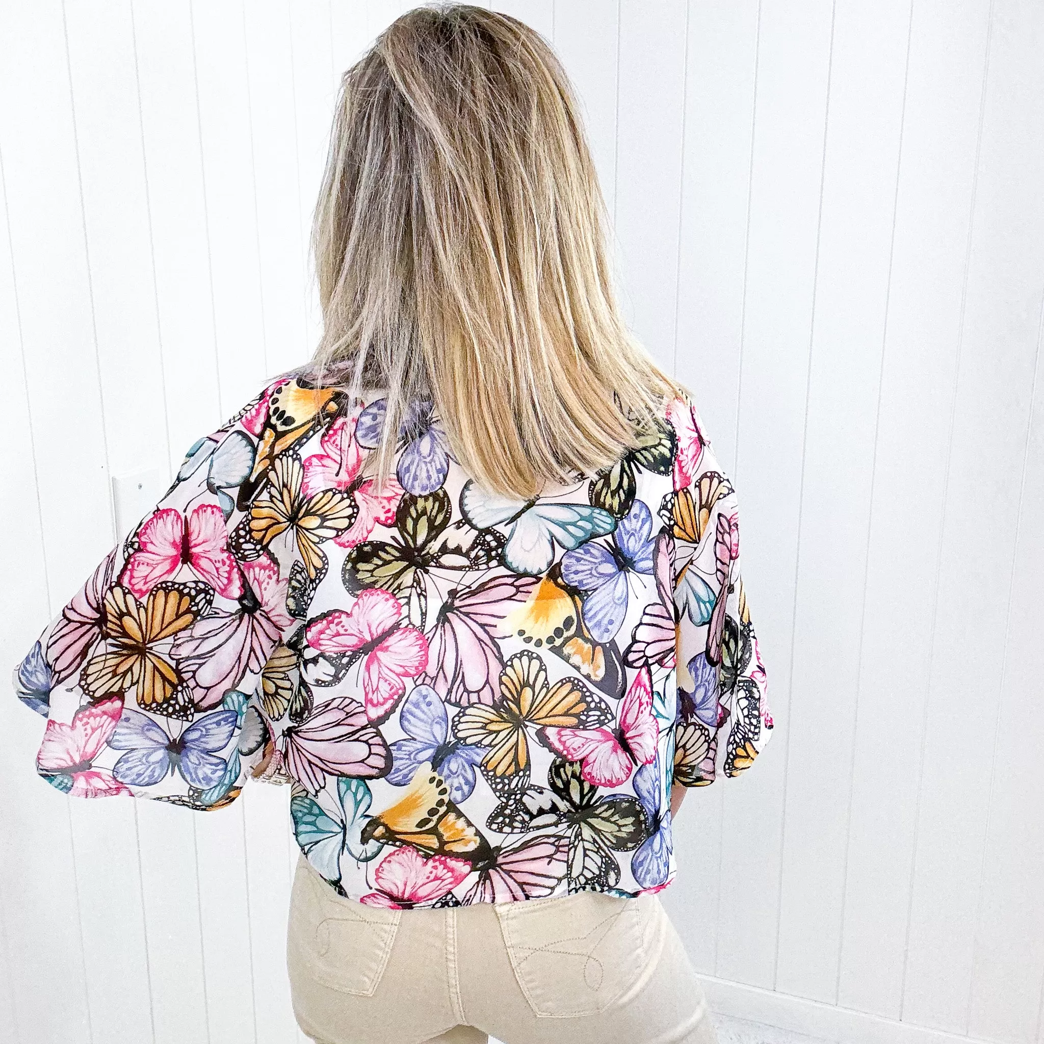 Butterfly Cropped Sheer Front Tie Open Blouse Cardigan