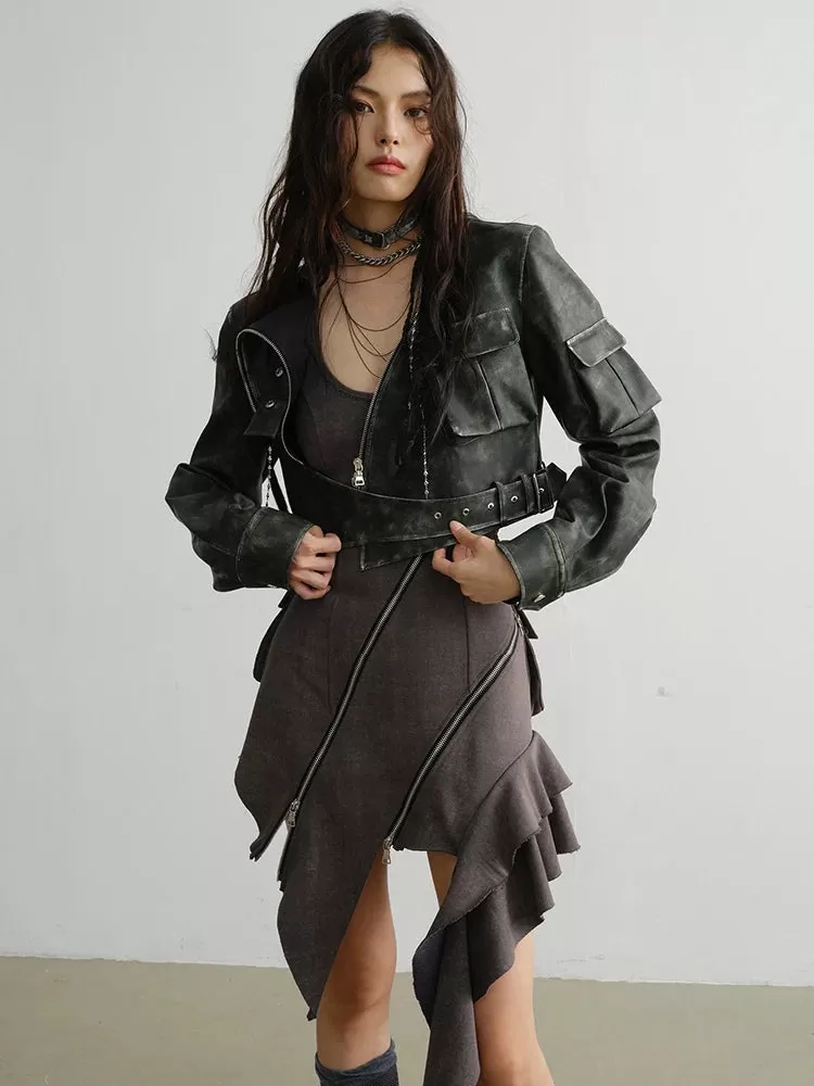 Cateey Vegan Leather Cropped Motorcycle Jacket