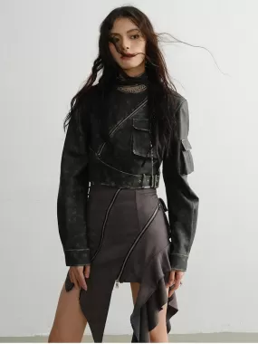 Cateey Vegan Leather Cropped Motorcycle Jacket