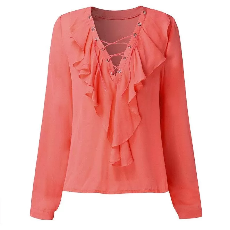 CHIFFON RUFFLED COLLAR LACE-UP TOP