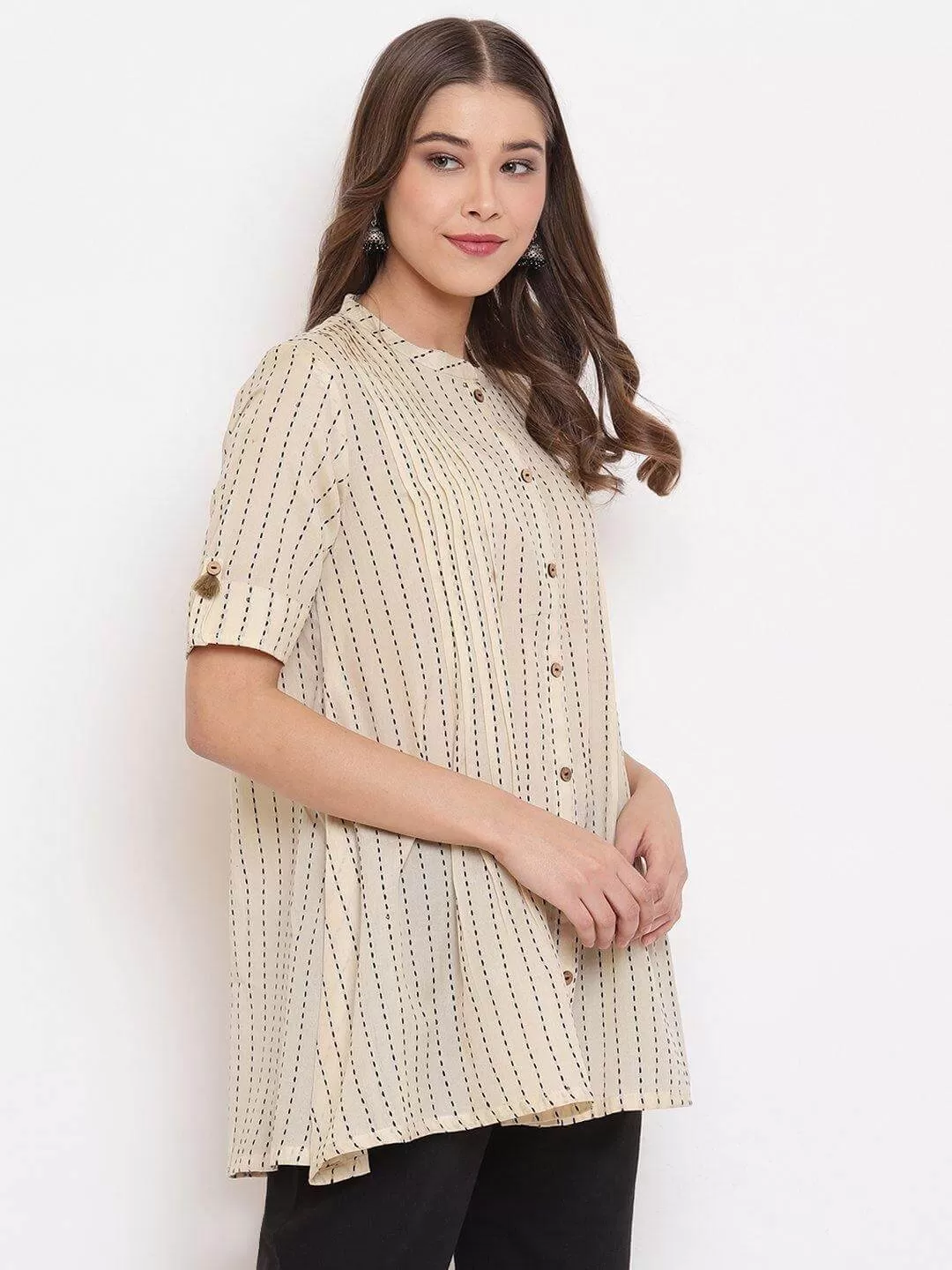 Cream Cotton Striped Pleated Top