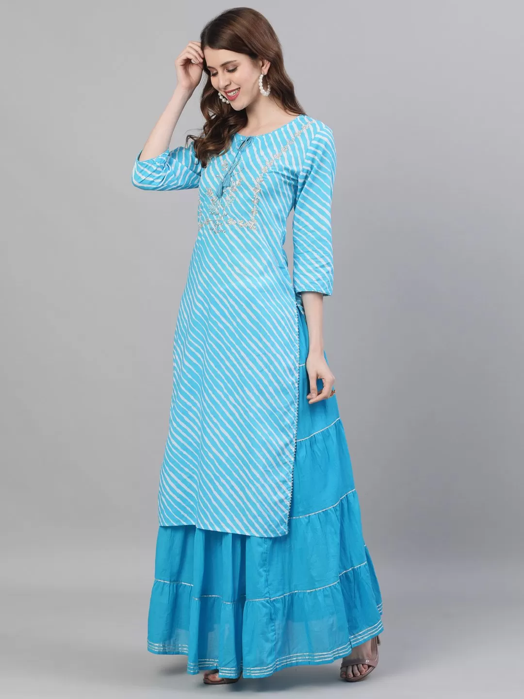 Cyan Blue Leheriya Kurta-Skirt Set