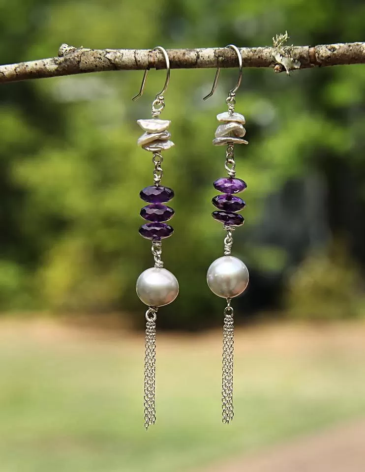 Dangle Ear Wires: Pearls, Amethyst, Silver