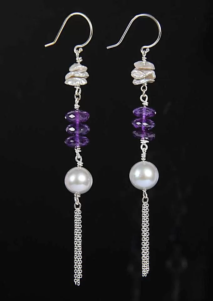 Dangle Ear Wires: Pearls, Amethyst, Silver