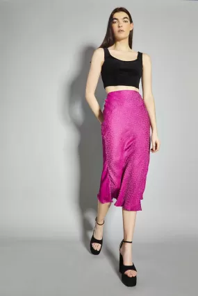 Deep-Orchid Leopard Bias-Cut Midi-Skirt