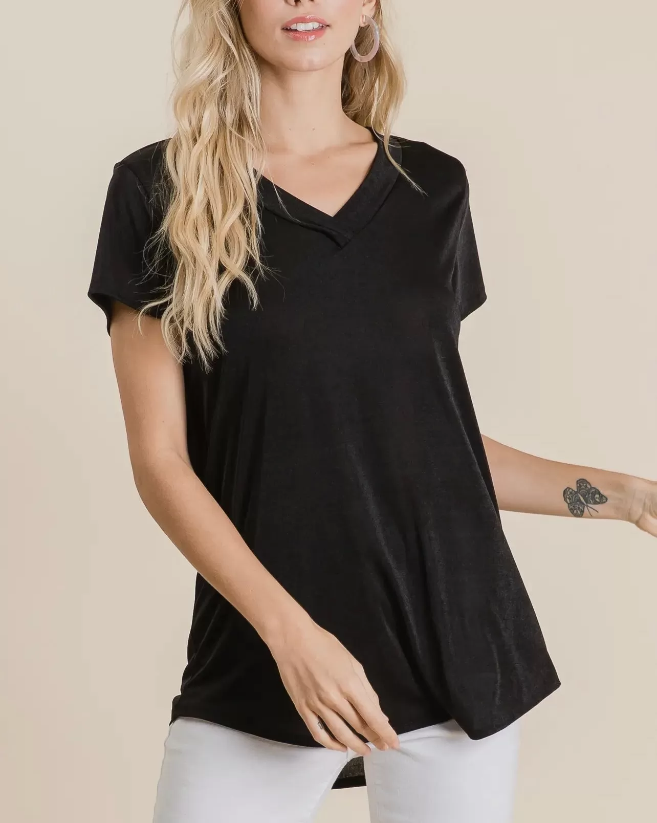 Deidra V Neck Slinky Black Top