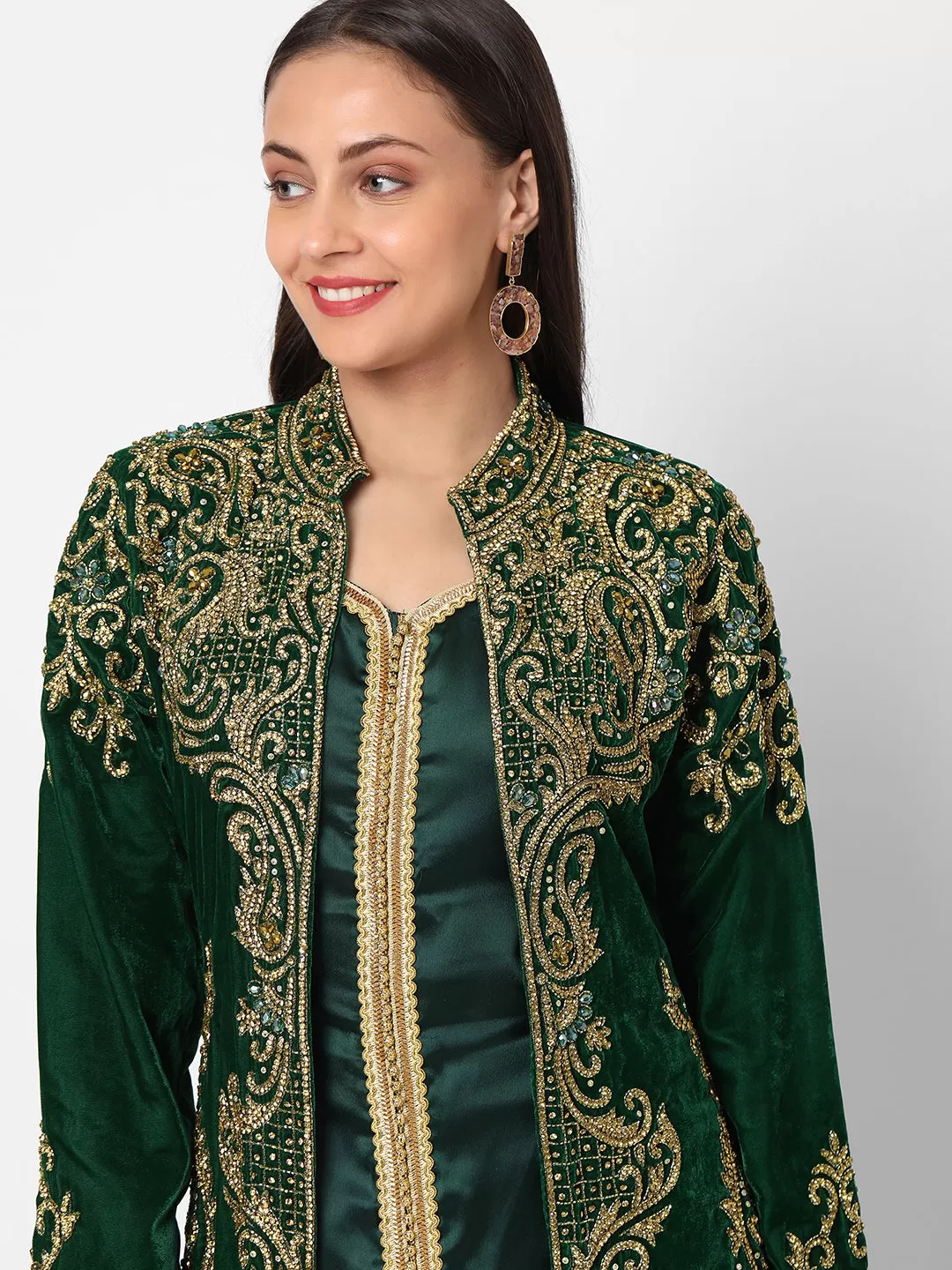 Designer Caftan Wedding Dress in Dark Green Velvet