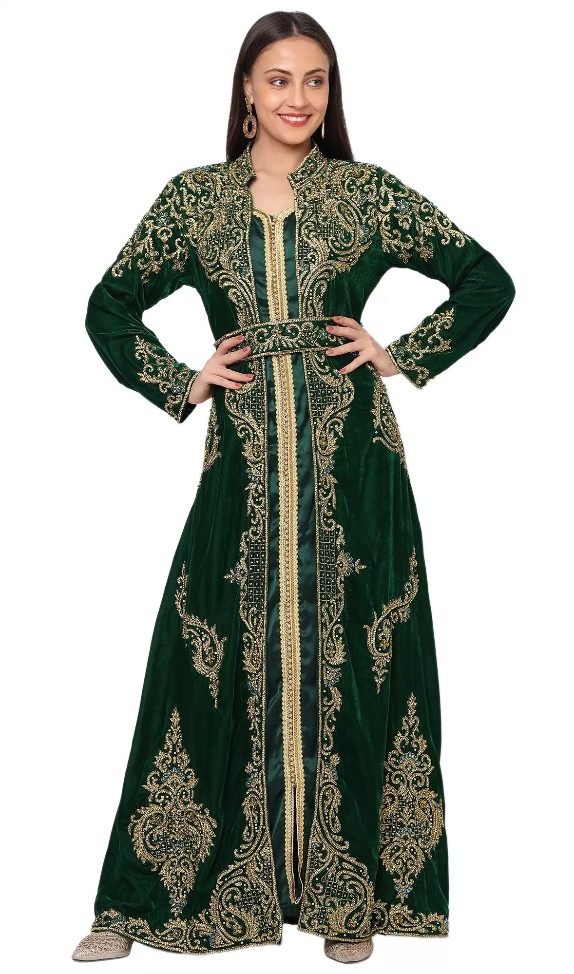 Designer Caftan Wedding Dress in Dark Green Velvet