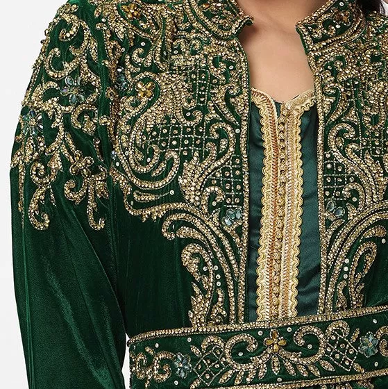 Designer Caftan Wedding Dress in Dark Green Velvet