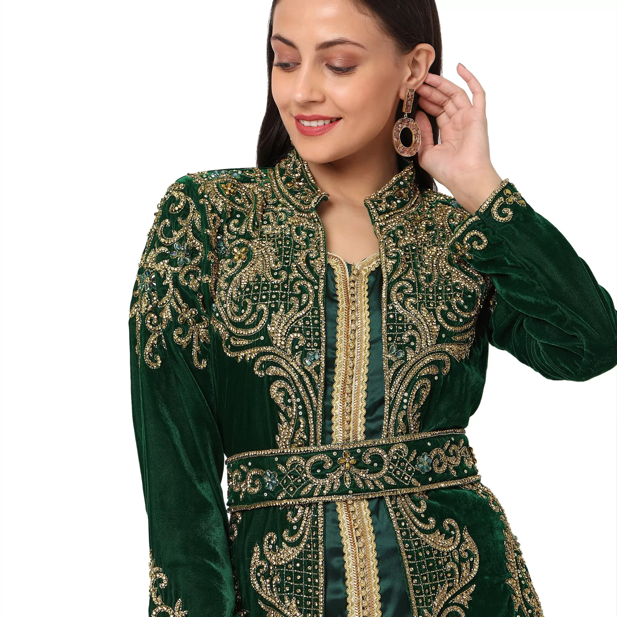 Designer Caftan Wedding Dress in Dark Green Velvet