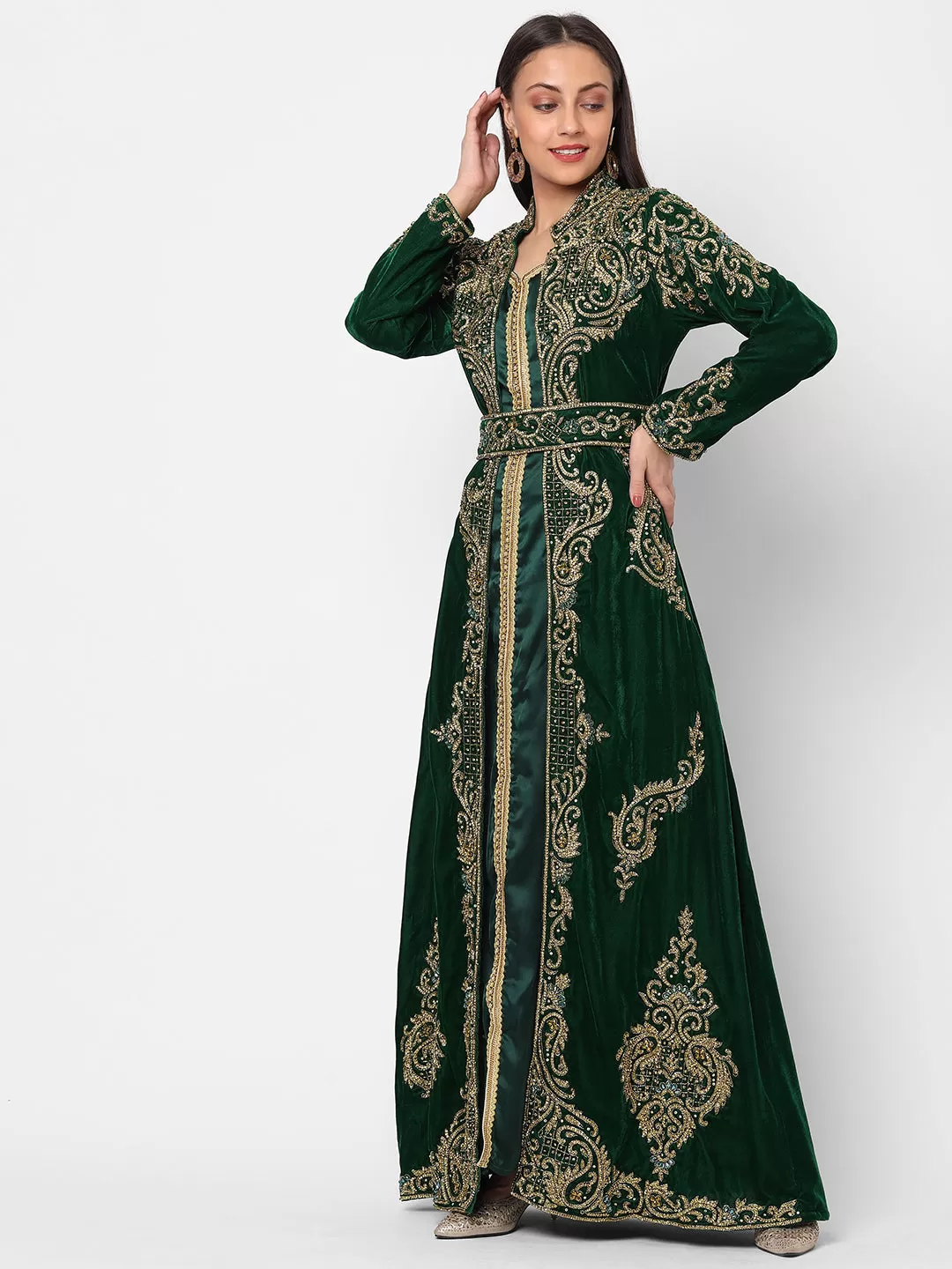 Designer Caftan Wedding Dress in Dark Green Velvet