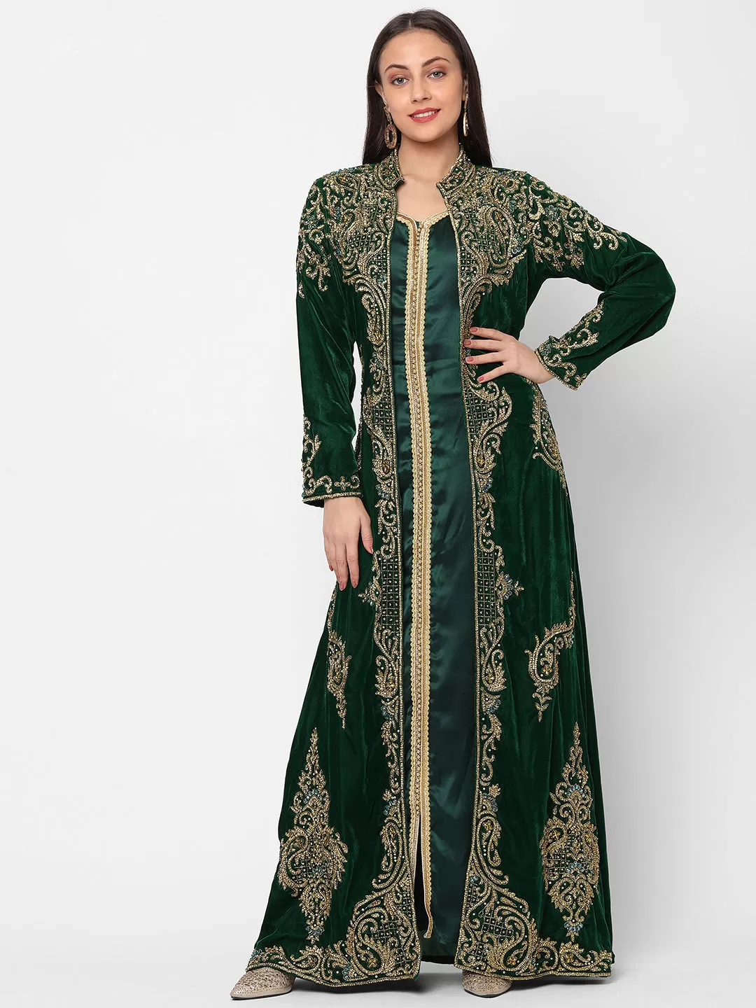 Designer Caftan Wedding Dress in Dark Green Velvet