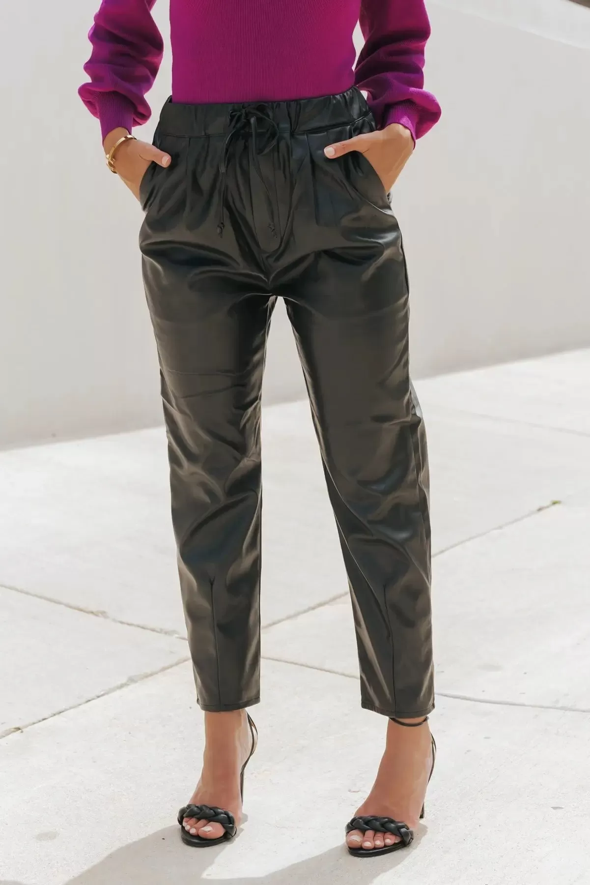 Evelyn Black Faux Leather Joggers - Final Sale